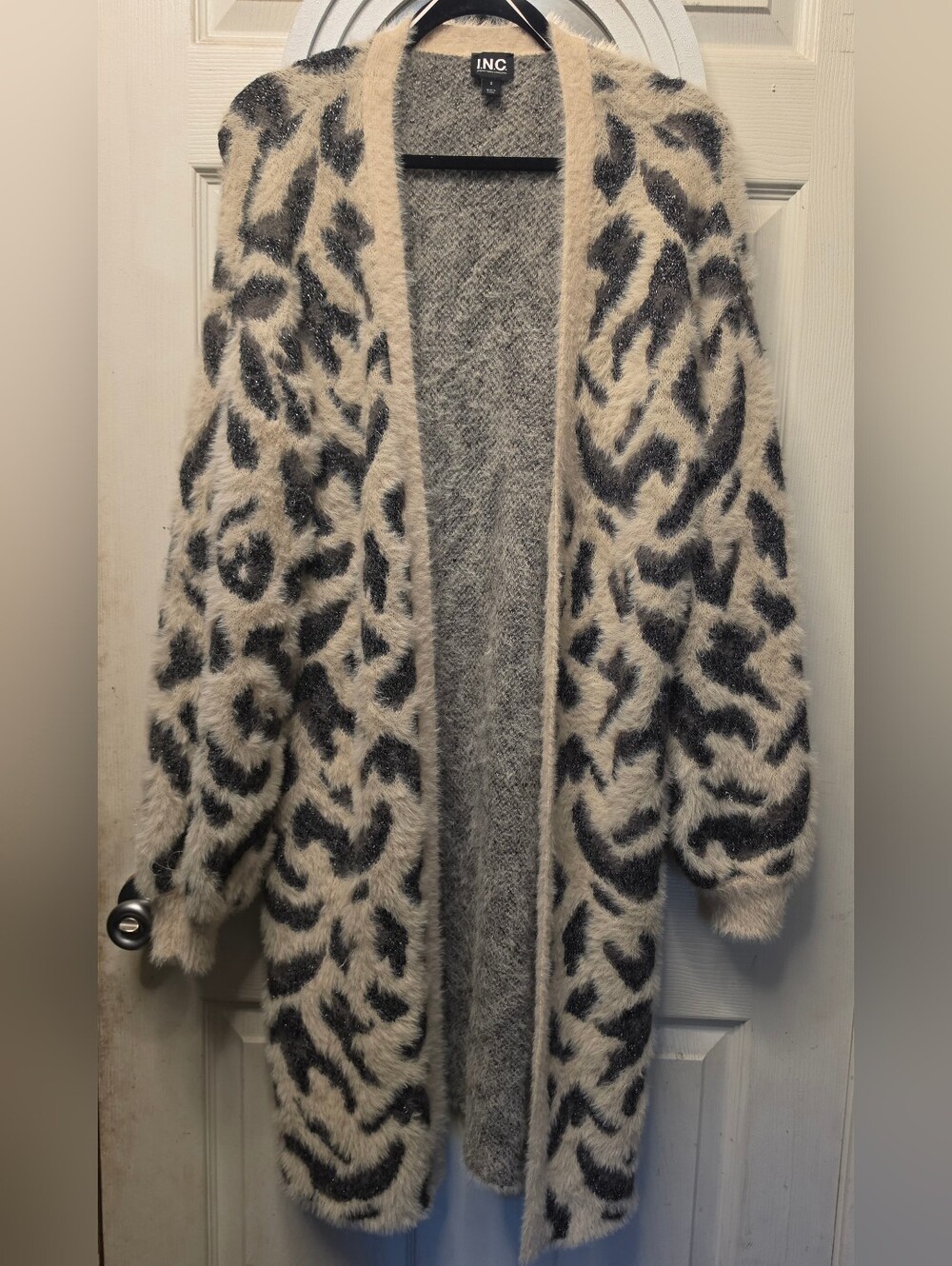 INC International Concepts Cream and Gray Fuzzy Open-Front Cardigan